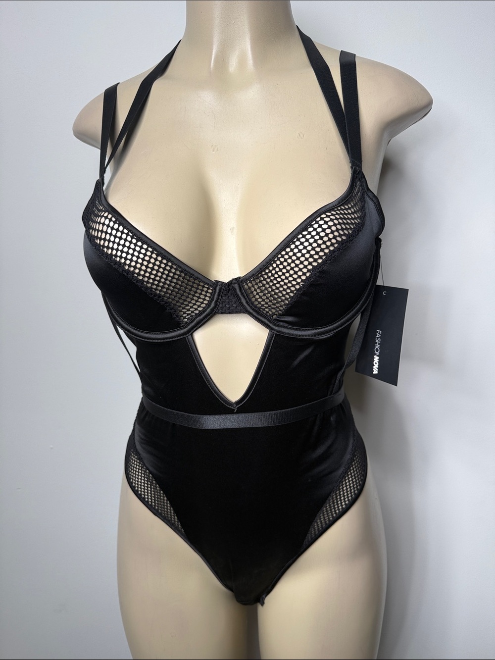 Fashion Nova Black Velvet & Mesh Cutout Bodysuit